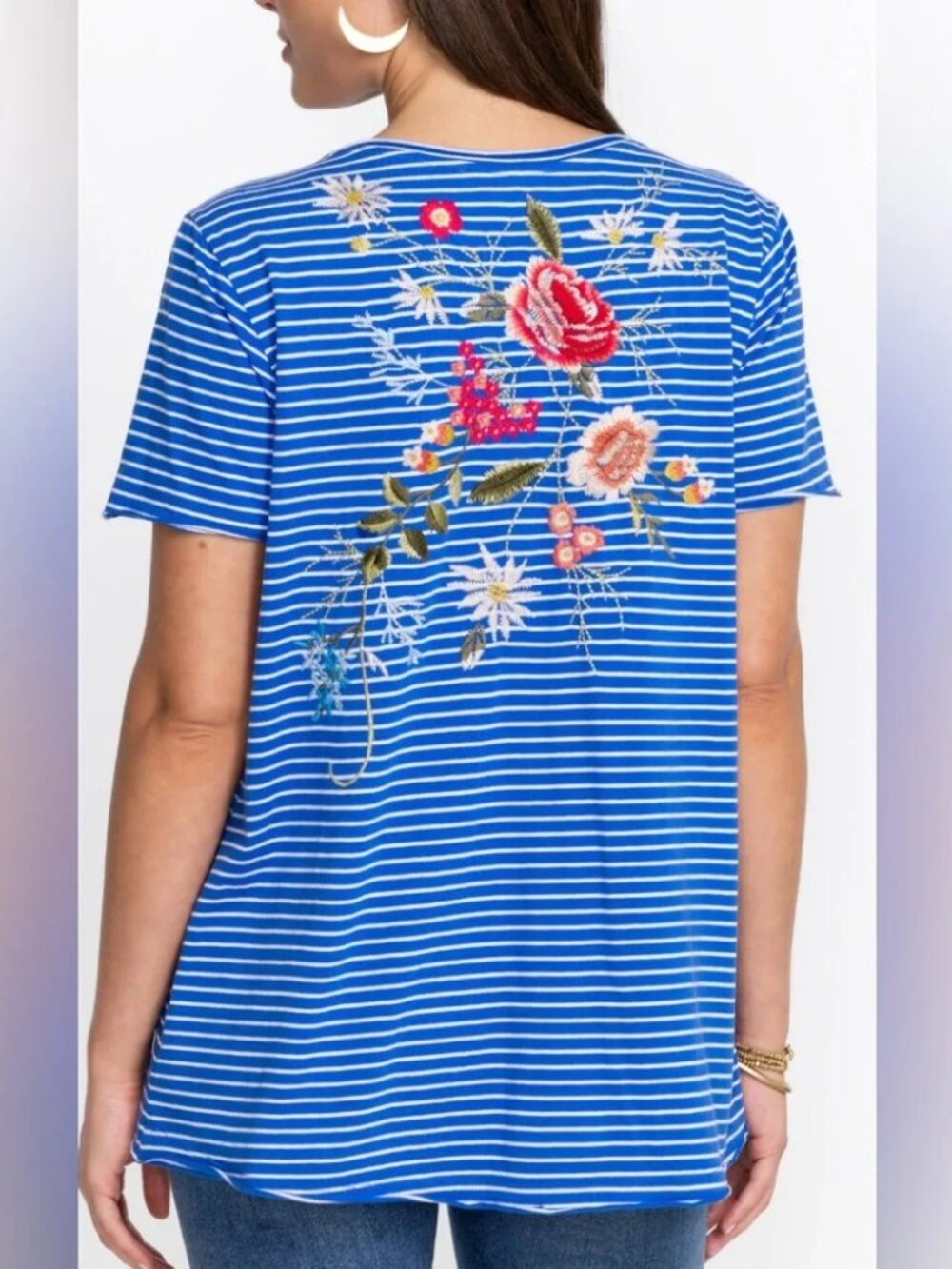 Johnny Was Catalina Everyday Tee Embroidered Floral Stripe V-Neck Tee Blue XL - Picture 3 of 11